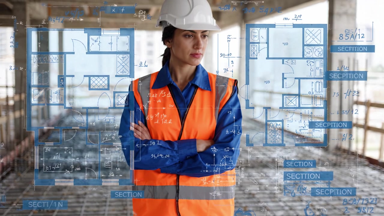 Profissional da Construção Avaliando Plantas do Local em Meio à Estrutura no Canteiro de Obras com Equipamento de Segurança Oliver e Desenhos Arquitetônicos Sobrepostos