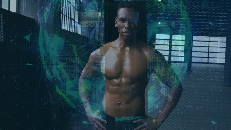 Atleta di fitness a torso nudo in piedi con le mani sui fianchi in palestra, con un globo che appare sopra di lui e mostra i muscoli