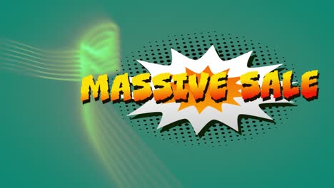 massive sale text over retro speech bubble against digital waves on green background