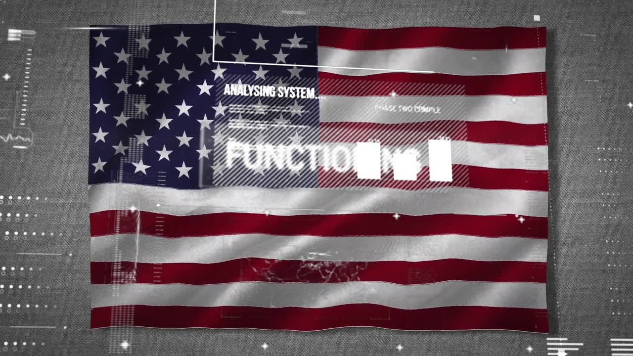 Data analysis graphics overlaying stripes of American flag with animation effect