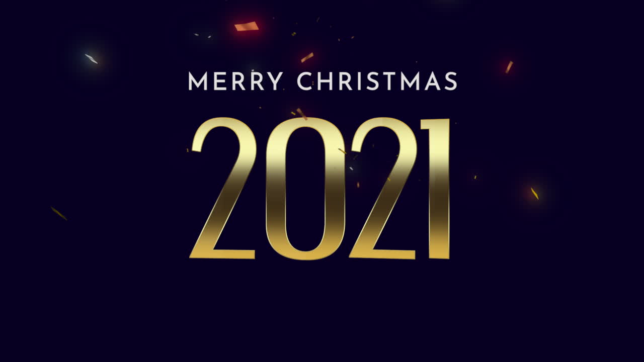 Primo piano animato del testo "2021" e "Buon Natale" con coriandoli e glitter che volano su sfondo nero festivo