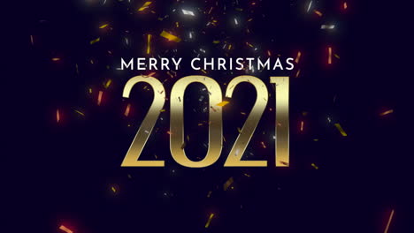 animated closeup 2021 and merry christmas text with fly confetti and glitter on black holiday background