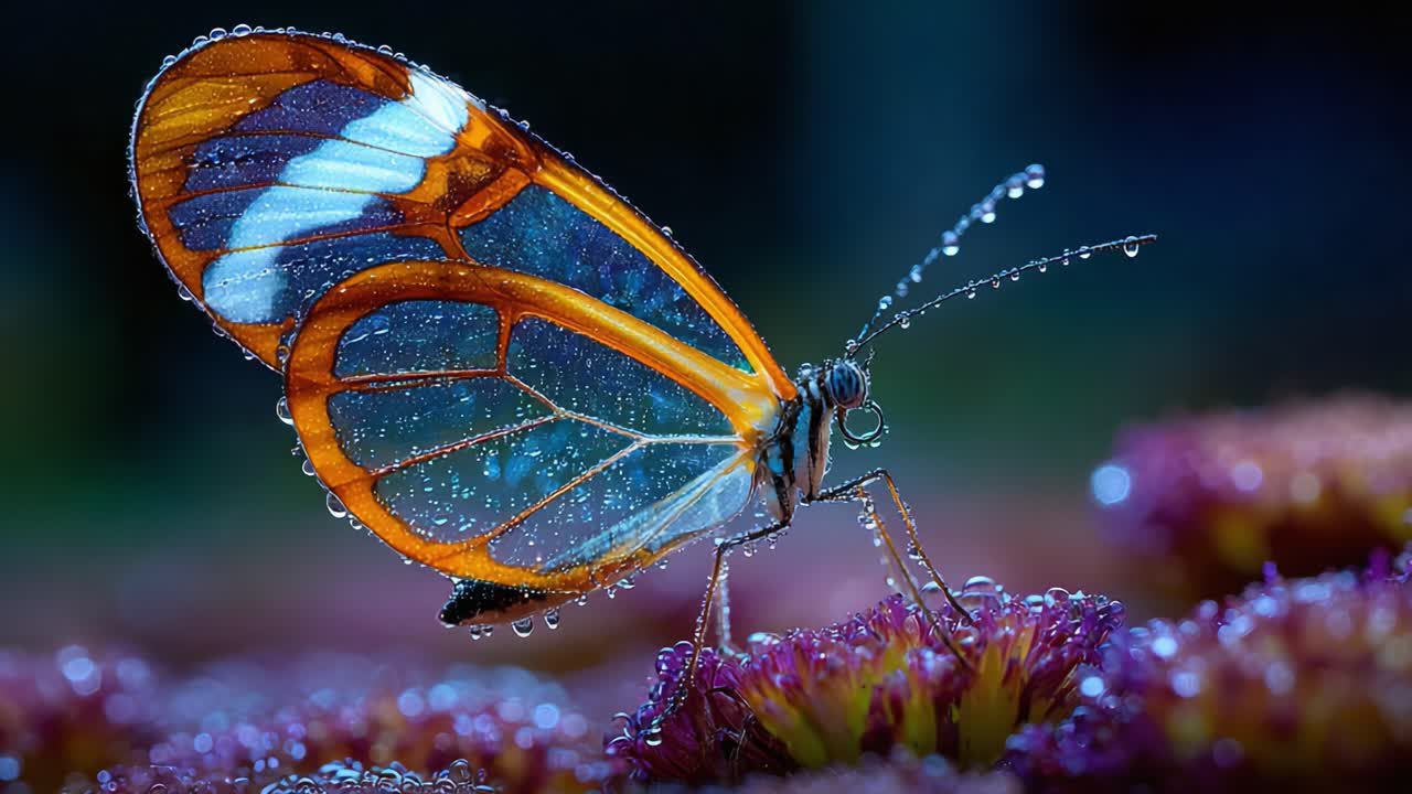 Uno Splendido Primo Piano di una Farfalla Dalle Ali di Vetro Dopo la Pioggia, Che Mostra i Suoi Colori Vibranti e Goccioline d'Acqua sulle Sue Ali Delicate in uno Sfondo Onirico