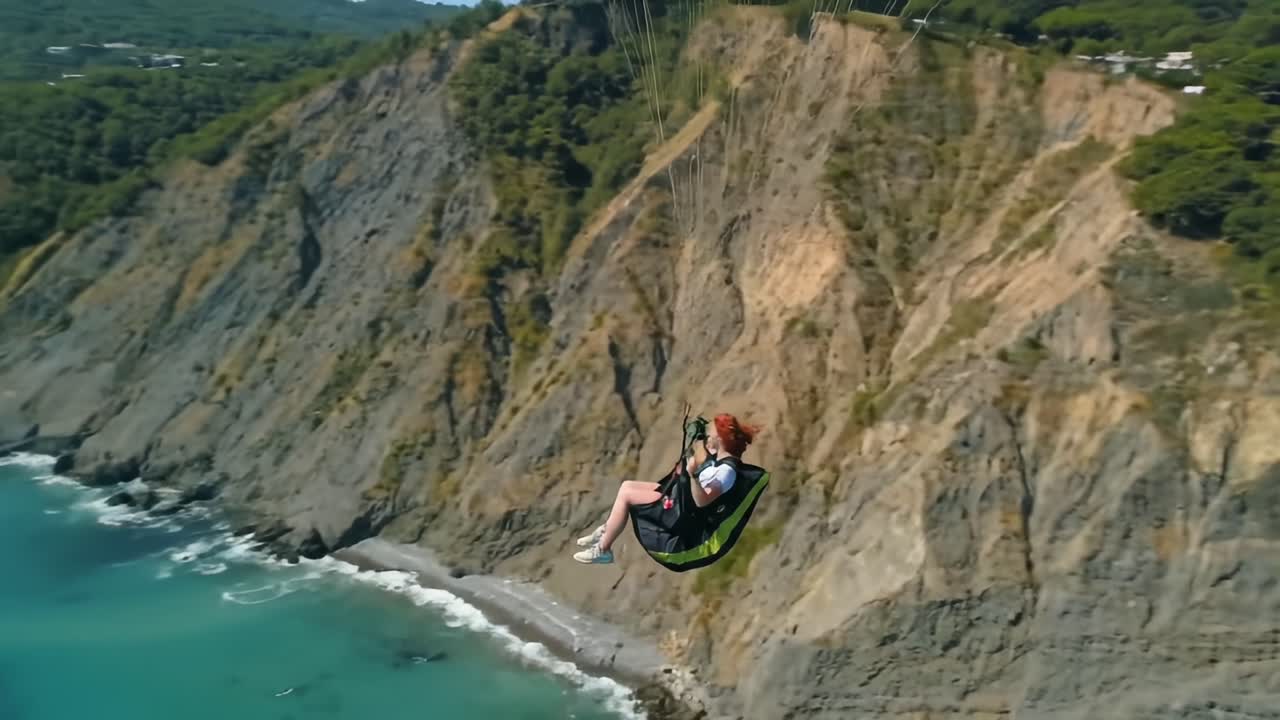 A breathtaking paragliding adventure showcases a skilled flyer gliding gracefully over stunning cliffs and turquoise waters, embodying freedom and thrill in a picturesque landscape