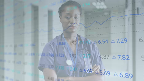 animation of financial data processing over african american female doctor in hospital