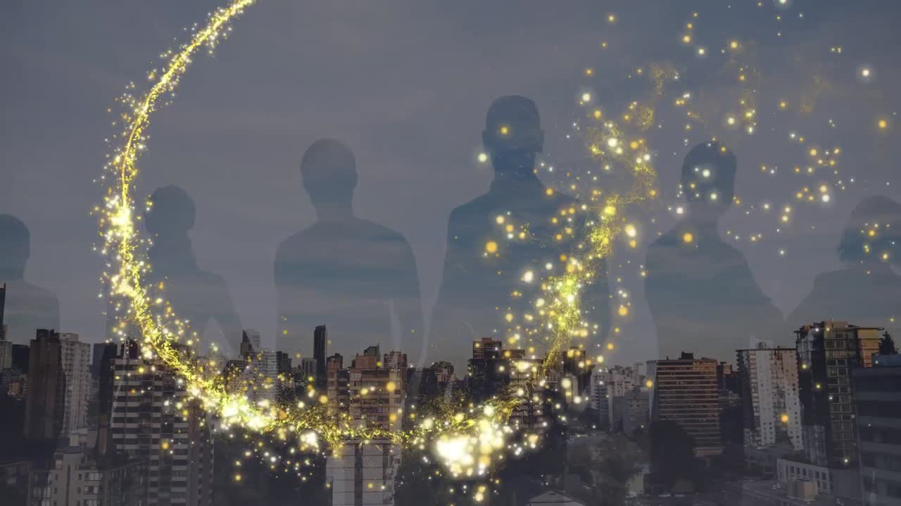 도시 풍경 위의 조명 트레일과 사업가들의 애니메이션