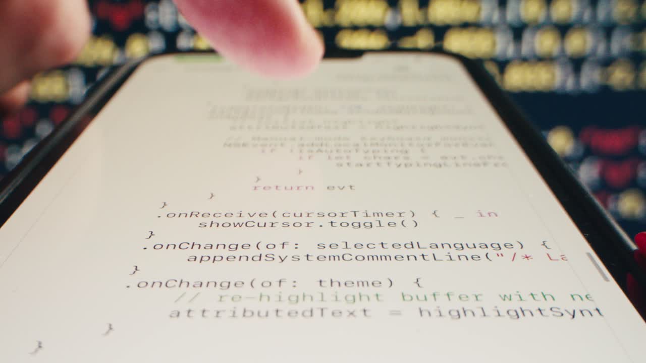 Close-up of Finger Scrolling Code on a Smartphone with AI Apps