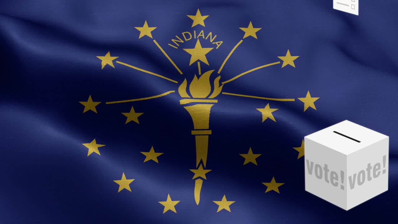 Stato dell'Indiana - Schede elettorali che volano verso l'urna per le elezioni in Indiana - Urna elettorale davanti alla bandiera - Elezioni - Voto - Elementi ripetibili con motivo a onda della bandiera nazionale dello Stato dell'Indiana - Texture tessuto e loop infinito - Bandiera dello Stato dell'Indiana in loop - Bandiere degli stati americani.