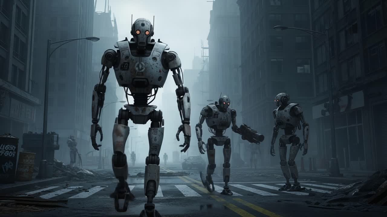 In a dystopian future, humanoid robots navigate a desolate cityscape, showcasing advanced technology and a haunting atmosphere reminiscent of post-apocalyptic narratives