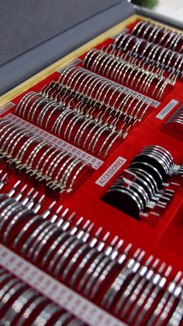 Medical accessories for optician. Case full of lenses for eye examination. Trial frame and lenses in a box for ophthalmologist. Vertical video