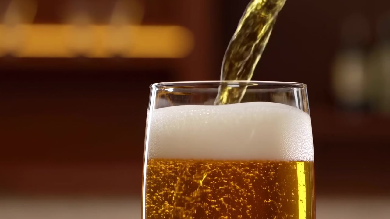 Vista ravvicinata mostra una bevanda dorata che scorre in un bicchiere trasparente mentre la schiuma sale, con illuminazione di sfondo calda, bolle visibili e un movimento di riempimento graduale catturato da un'angolazione laterale