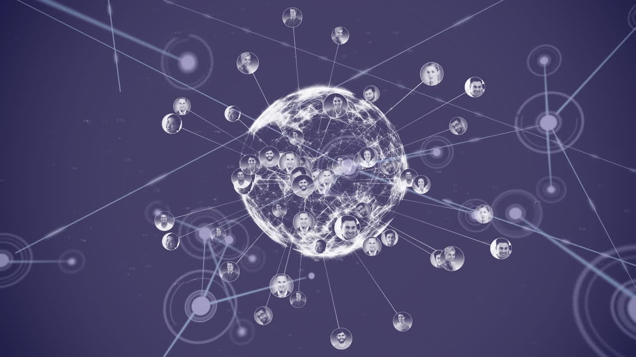 파란색 배경 위에 아이콘과 글로브로 연결된 네트워크의 애니메이션