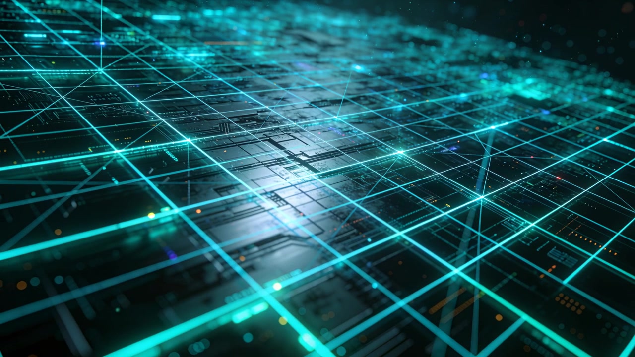 Camera panning revealing luminous teal grid pulsing nodes and drifting specks across circuit board