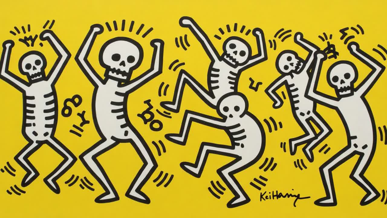 Dynamic Celebration of Life: Stylized Skeletons Dance Enthusiastically Against a Vibrant Yellow Background, Capturing Fun and Movement in Artistic Expression