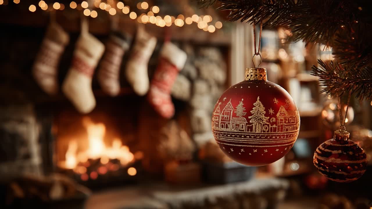 A Cozy Christmas Scene Featuring a Beautifully Decorated Tree Ornament and a Warm Fireplace Surrounded by Stockings, Evoking Holiday Cheer and Festive Spirit