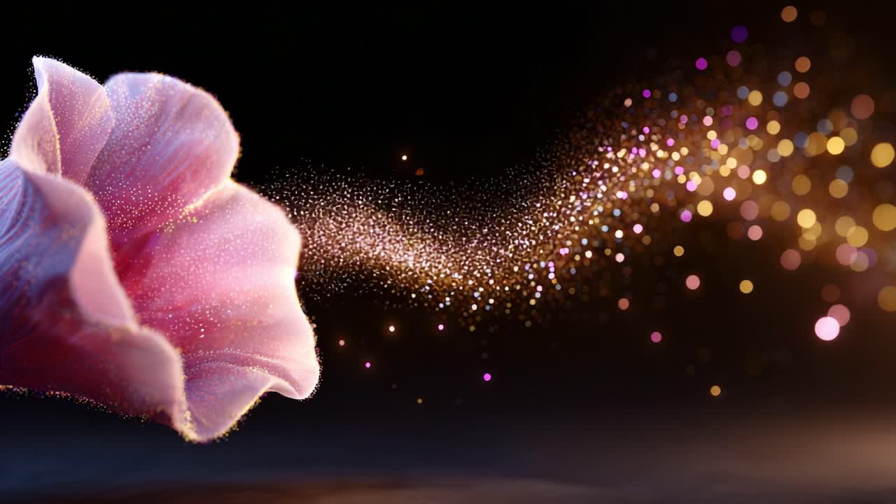 A Stunning Close-Up of a Vibrant Flower Releasing A Trail of Glittering Particles, Captured in an Ethereal Moment That Blends Nature and Magic, Showcasing Beauty and Wonder