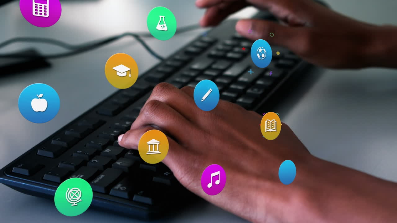 animación de iconos coloridos sobre las manos escribiendo en el teclado