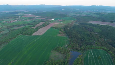 Fliegen-über-Grüne-Felder,-Wälder-Und-Seen