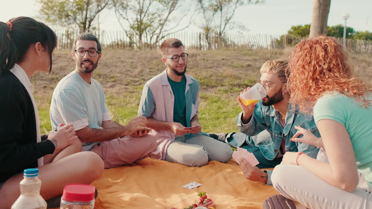 Friends Playing Cards at a Sunny Picnic
