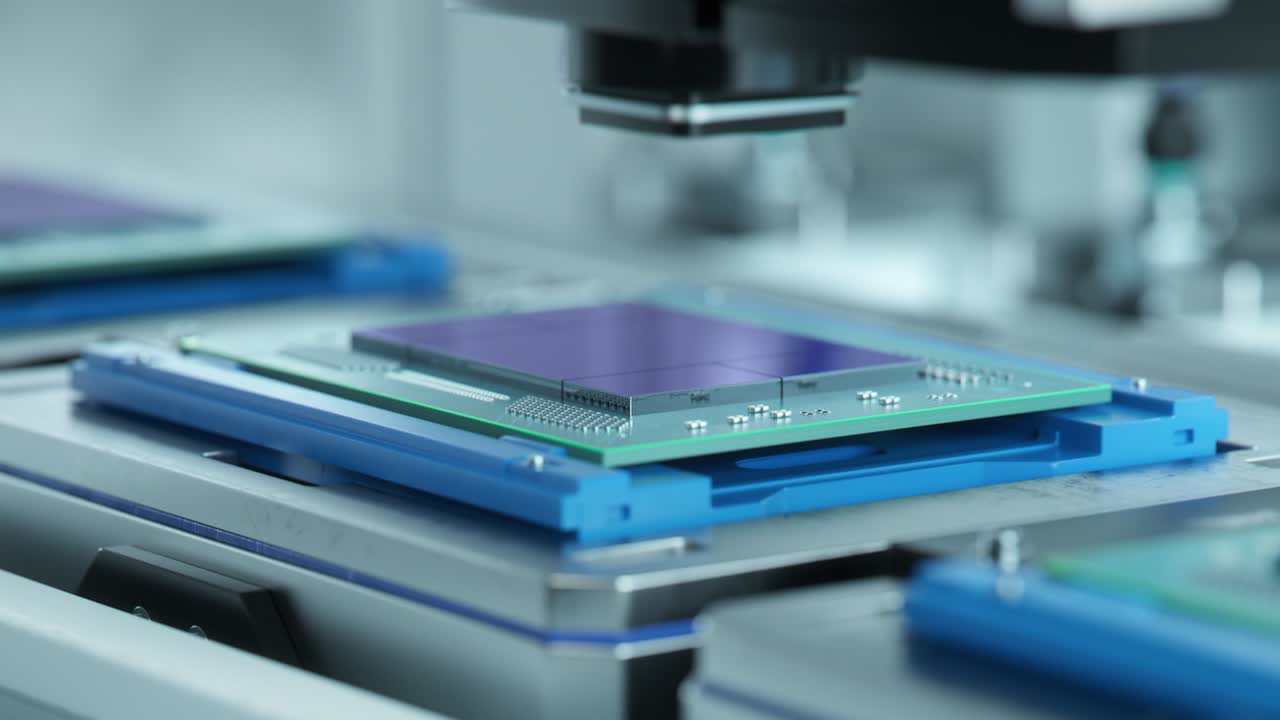 Shot of Advanced Computer Processor on Production Line is being Tested at Semiconductor Factory. Microchip Production Process.