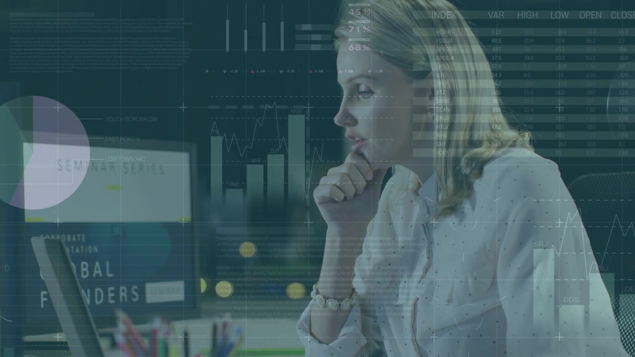 Business analyst leaning on hand then reacting to animated charts, typing, calling, studying laptop