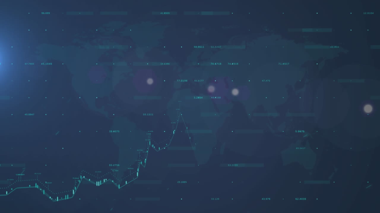 Animation of light spots and world map over data processing on black background