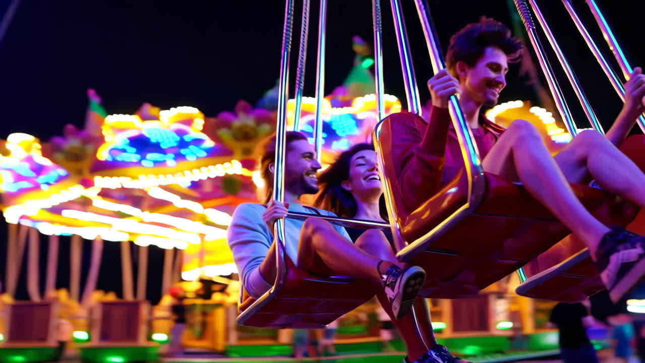 Couple Enjoying a Swing Ride at a Night Carnival