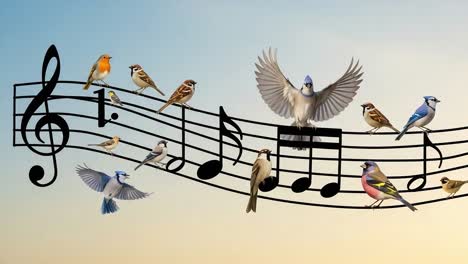 A Harmonious Fusion of Nature and Melody: Colorful Birds Dancing Among Musical Notes in a Serene Sky