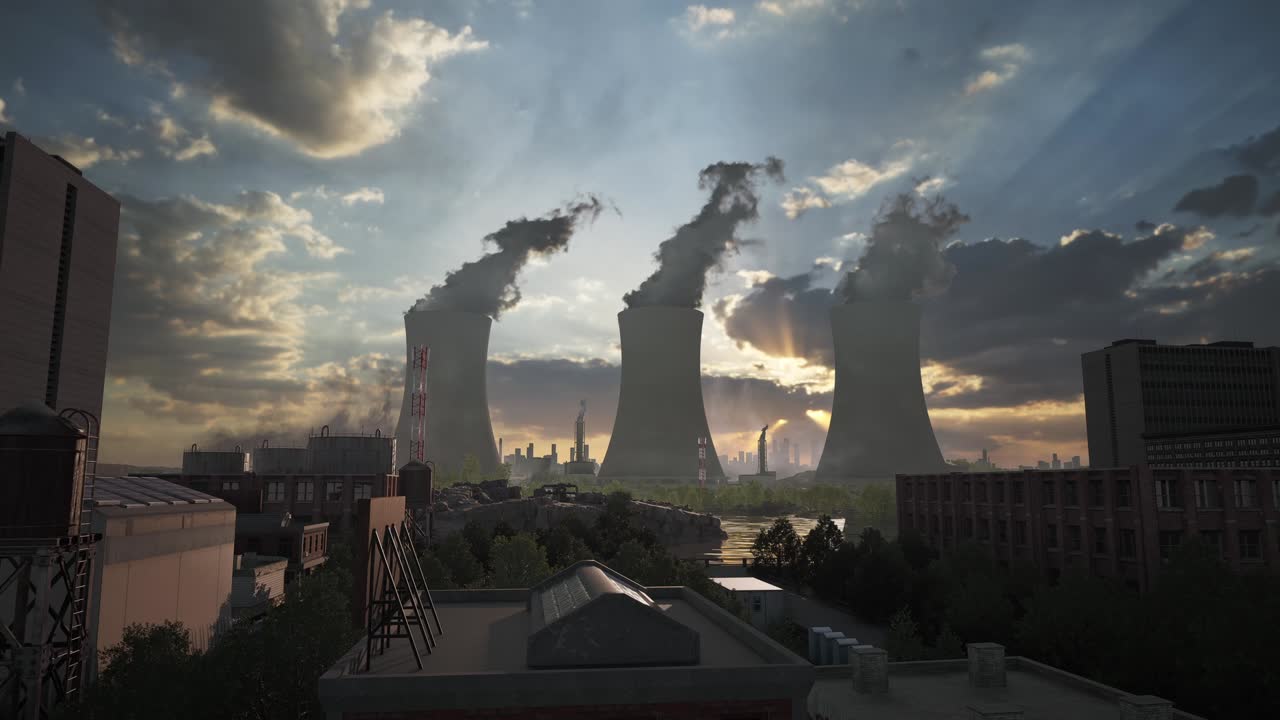 Industrial Cityscape at Sunset with Pollution