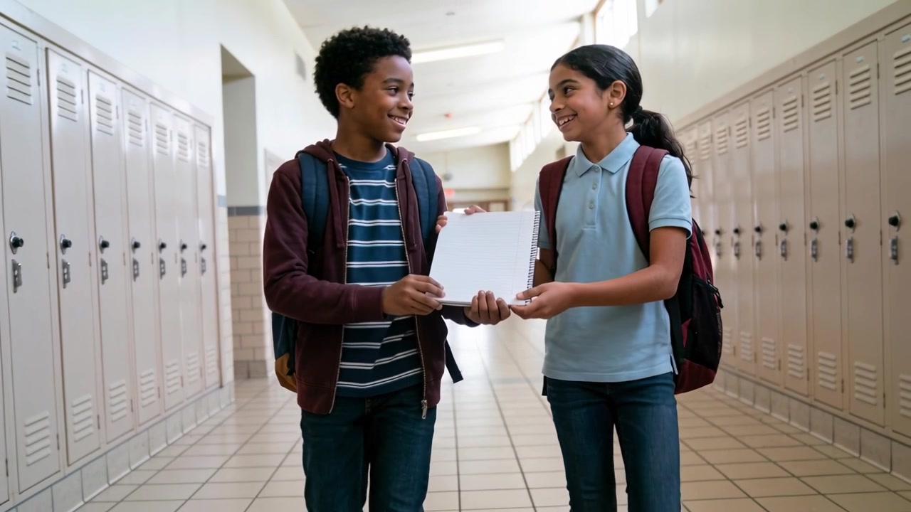 Walking students holding white binder chatting between classes and passing camera in school hallway