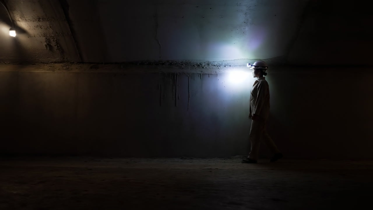 Solitary Worker In Dark Tunnel Inspecting Concrete Wall With Helmet Light Casting Blue Glow, Utility Inspector