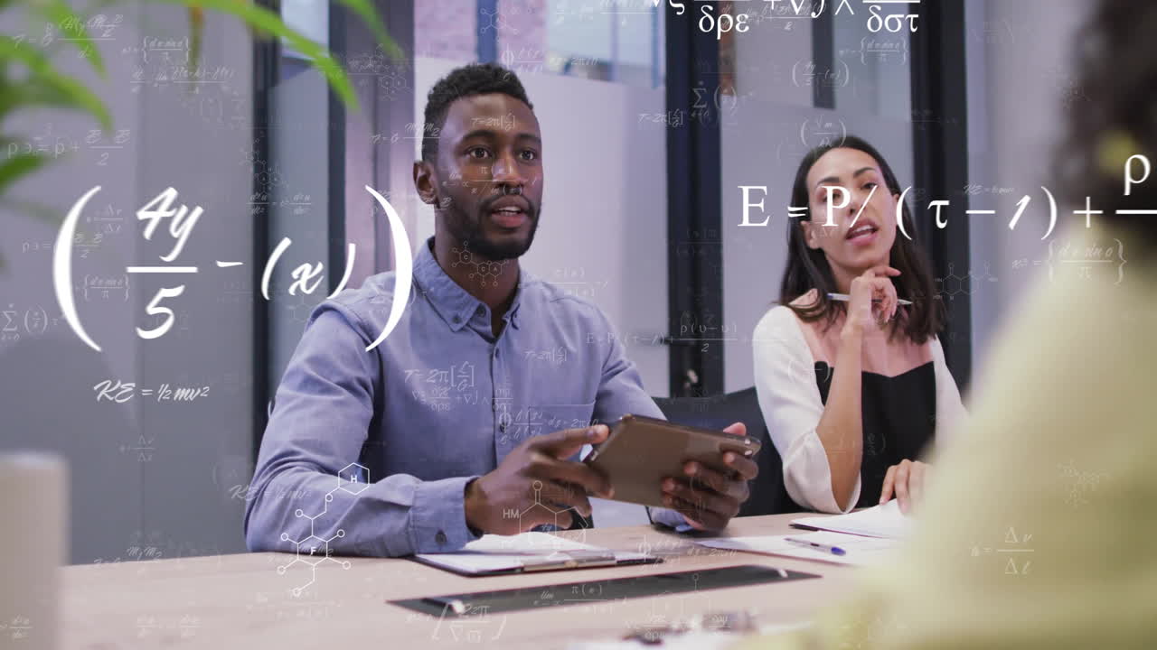 Animation of mathematical equations over diverse colleagues discussing work