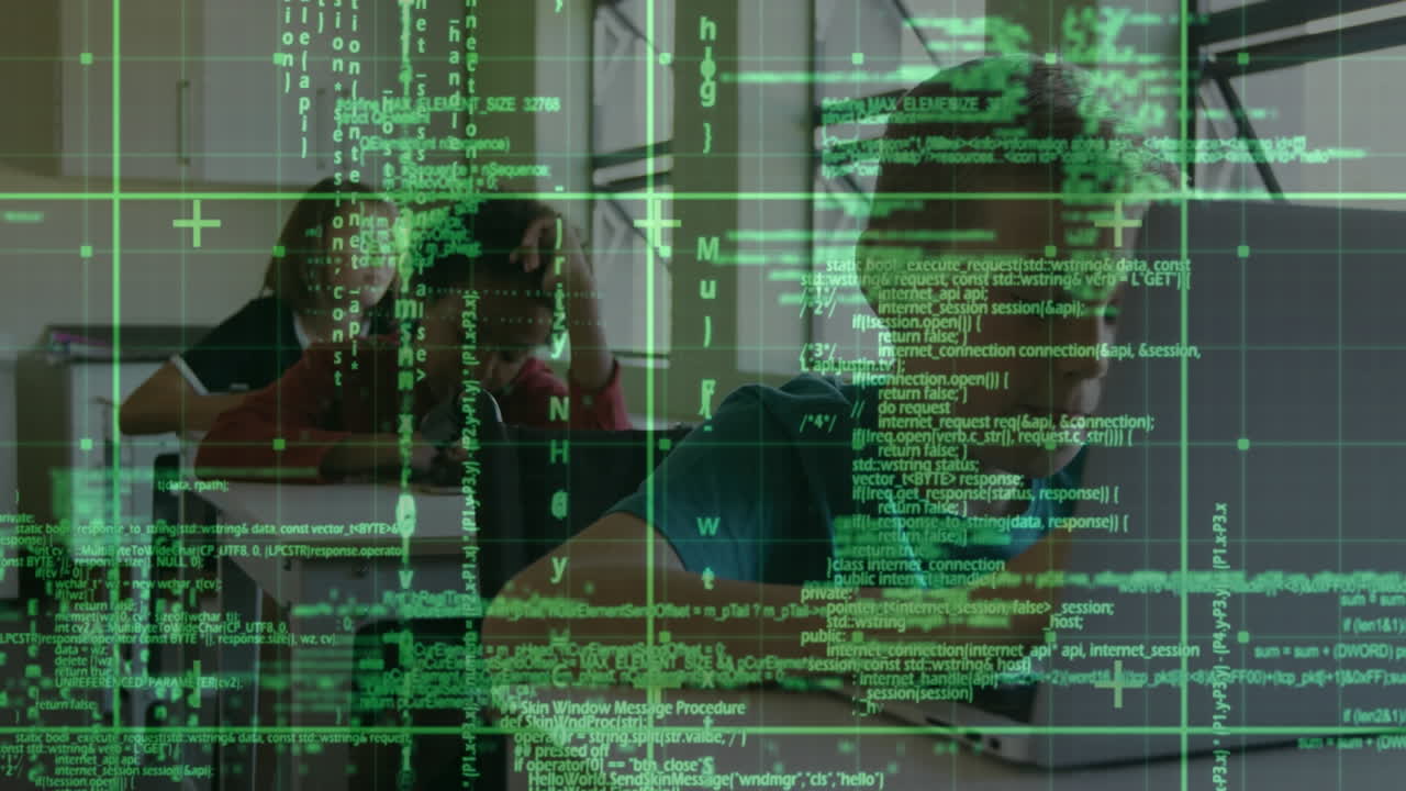 Animation of data processing over diverse schoolchildren using laptop