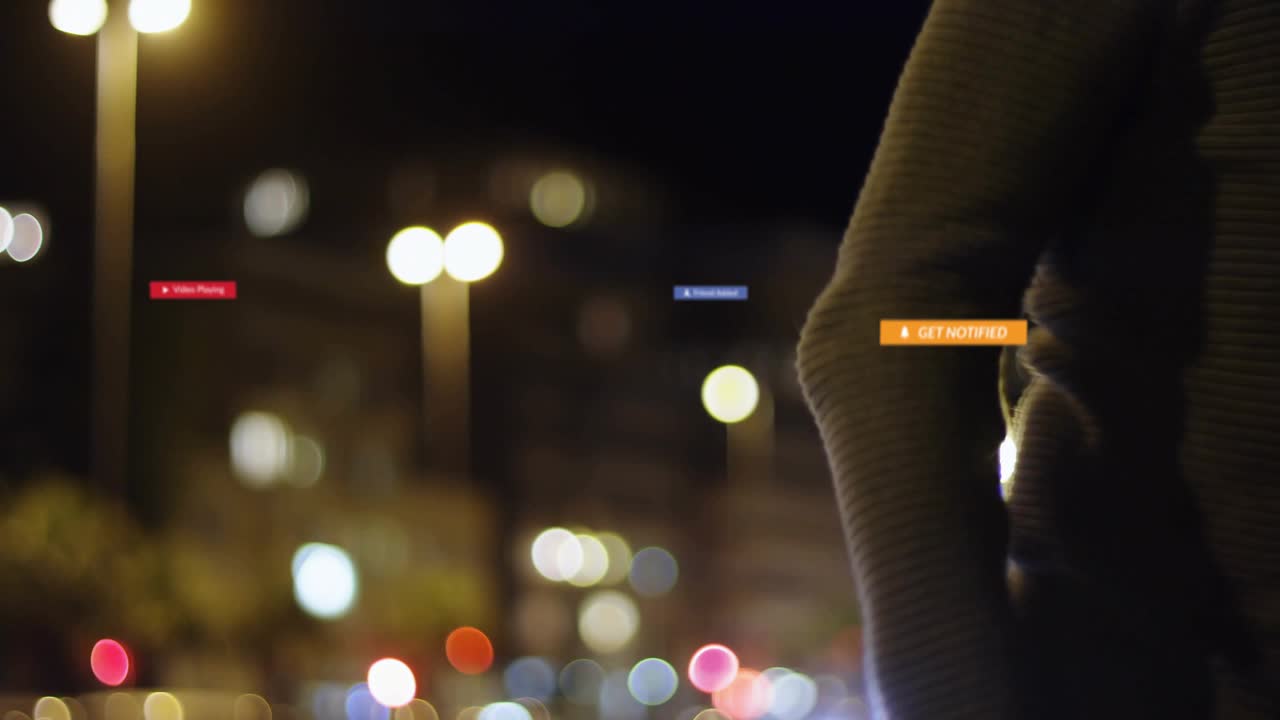 Senior man sitting bench rising and leaving reacting to spreading technology UI and play icons