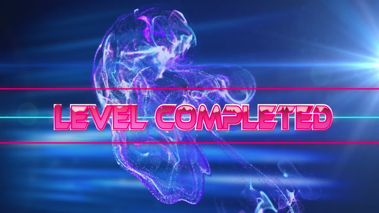 파란색 배경에 대한 빛의 반점과 디지털 파동 위에 수준 완료 텍스트 배너의 애니메이션