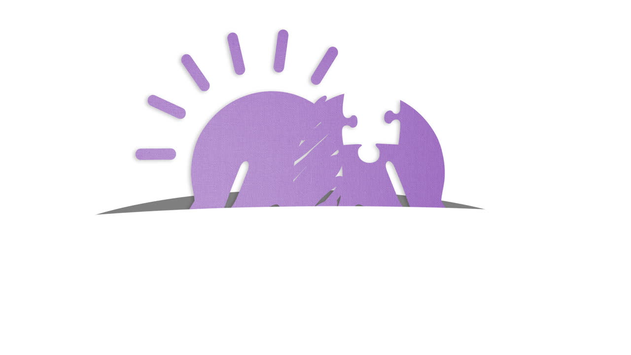 ⁇ 색 배경에 퍼즐로 만든 보라색 원과 태양의 애니메이션