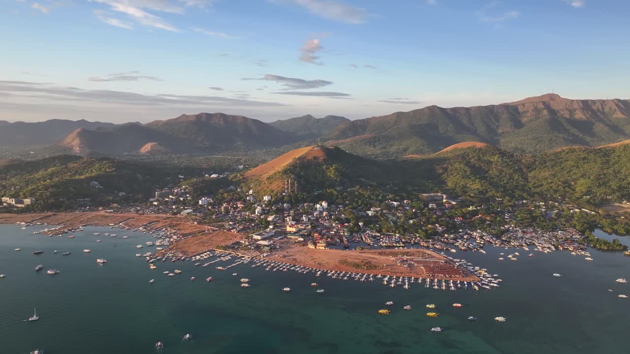 Beautiful aerial wide of Coron town on Busuanga coast, Palawan, Philippines.