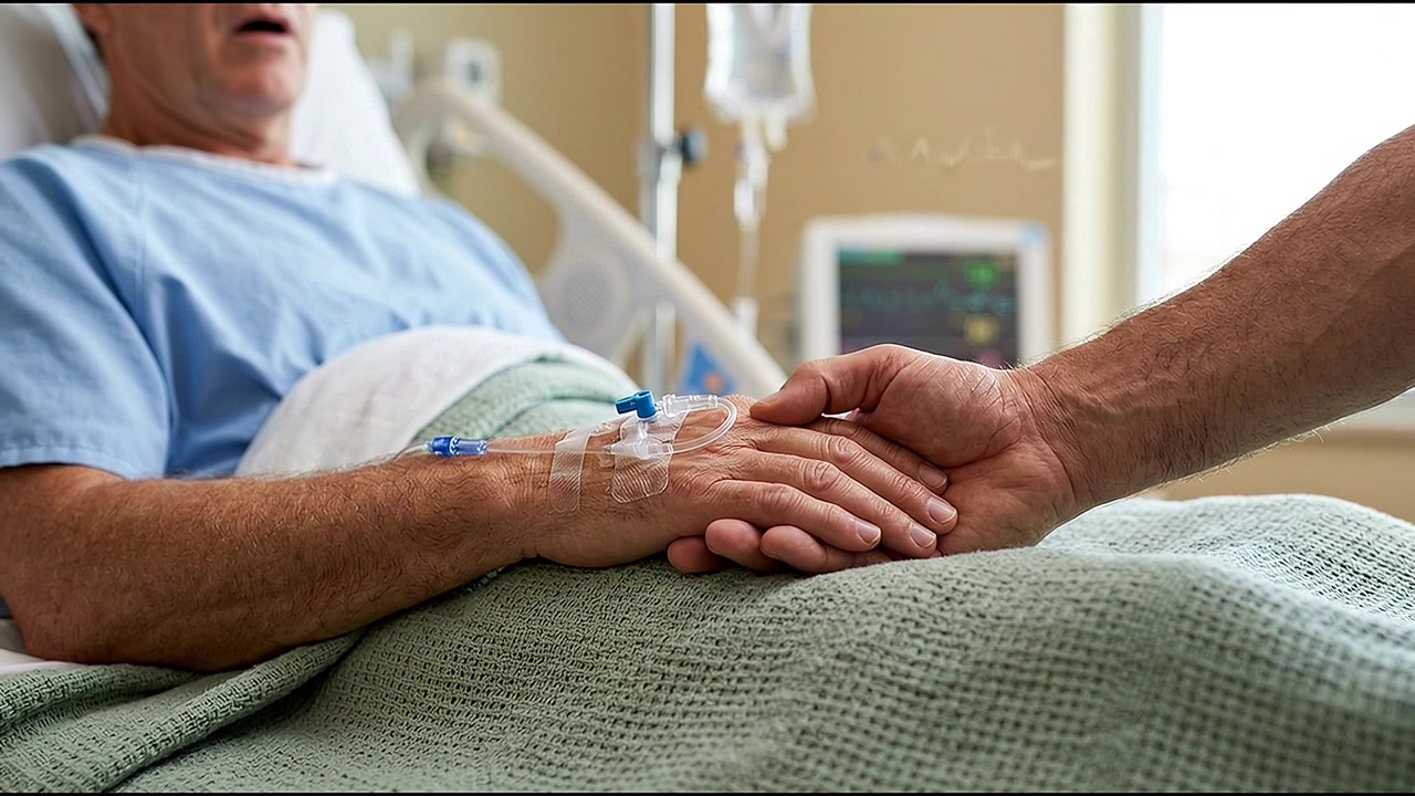 Primo piano di un operatore sanitario che tiene la mano di un paziente anziano nel letto d'ospedale durante le cure mediche