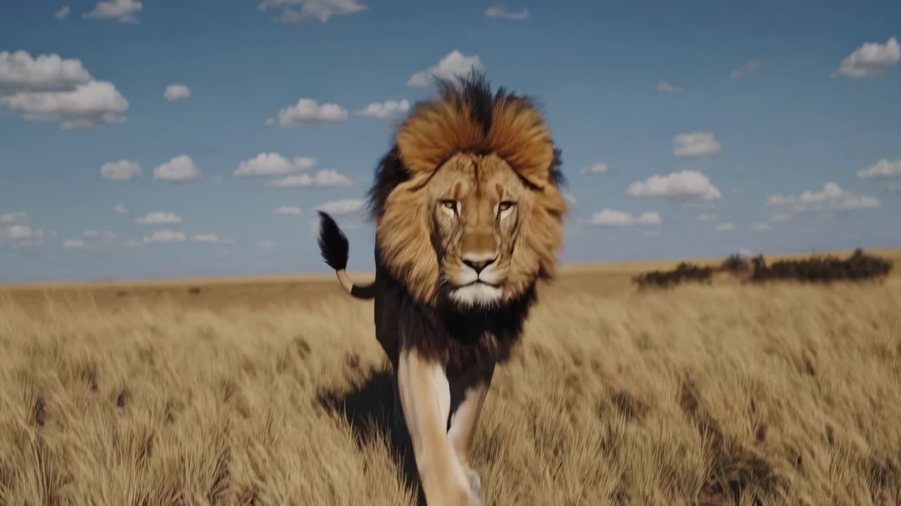Low-angle video shot of a lion walking through tall grass in a savannah, emphasizing its majestic