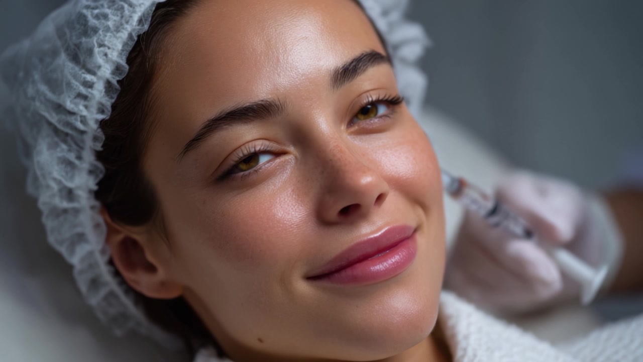 Una mujer joven recibiendo un tratamiento facial, centrándose en la estética facial y el realce de la belleza a través de procedimientos y técnicas cosméticas modernas.