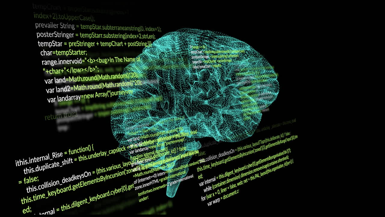 Animation of brain and data processing over black background