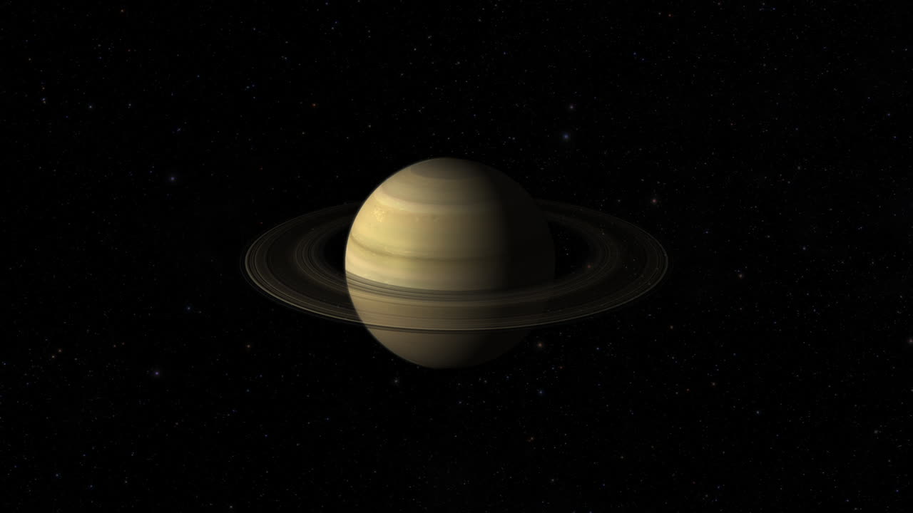 compuesto cgi: acercamiento al planeta saturno con anillos girando