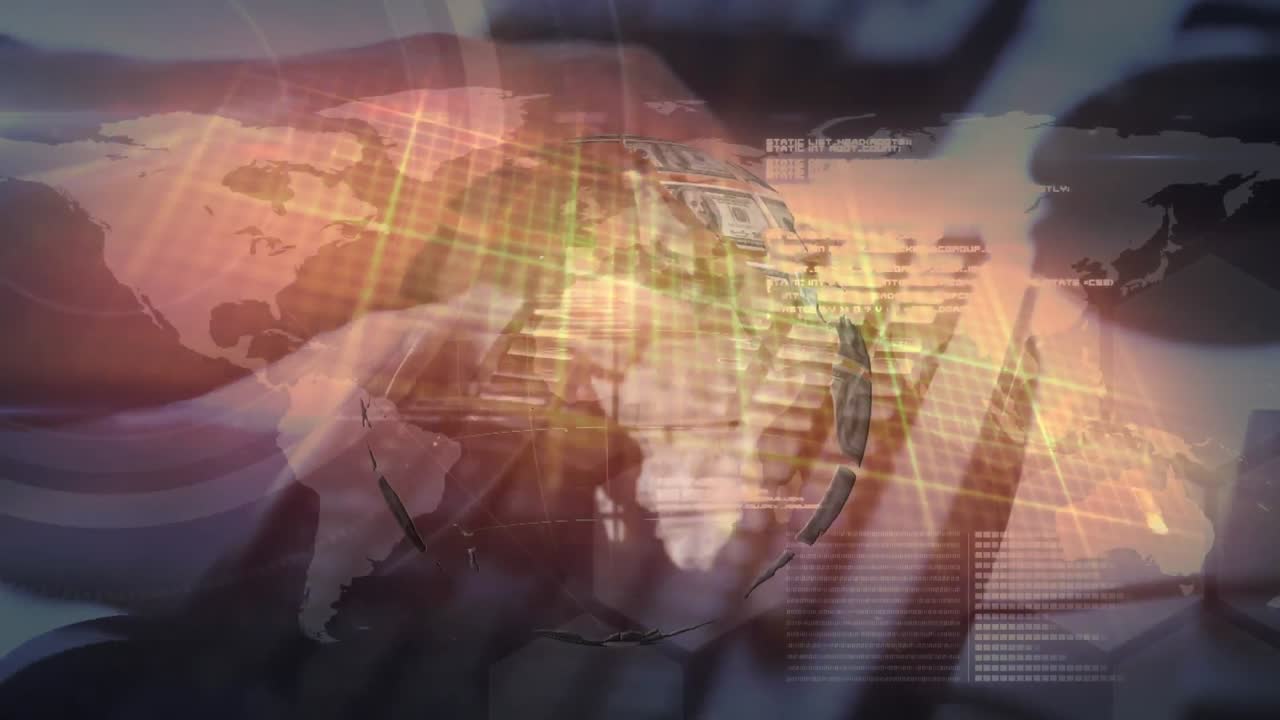 미국 달러 지폐의 애니메이션 지구가 회전하는 심박수 모니터와 세계 지도