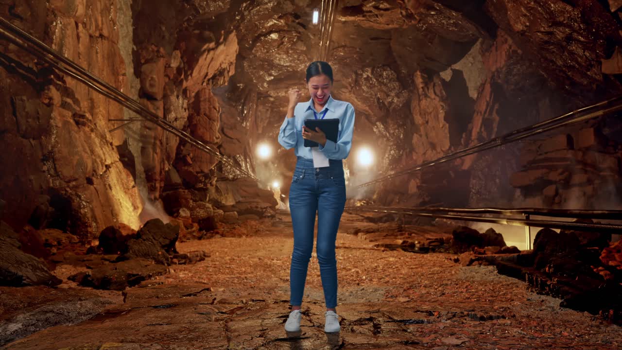 Full Body Of Asian Female With Her Tablet In Underground Mine Tunnel, She Raises Her Fist Up With Screaming Goal After Typed On The Tablet