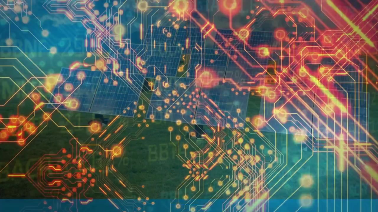 Animation of integrated circuit over solar panels and financial data