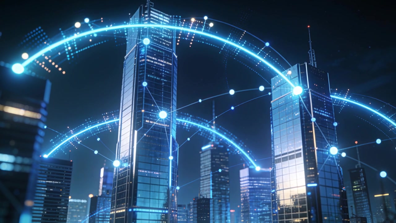Appearing blue arcs sweeping across downtown night skyline, linking twin towers with pulsing nodes
