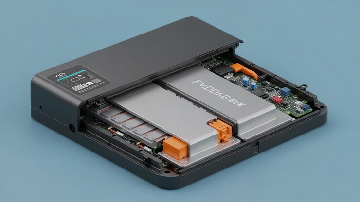 Esame dettagliato di un sistema di gestione batteria aperto che mostra componenti interni, circuiti stampati e moduli energetici per soluzioni energetiche compatte