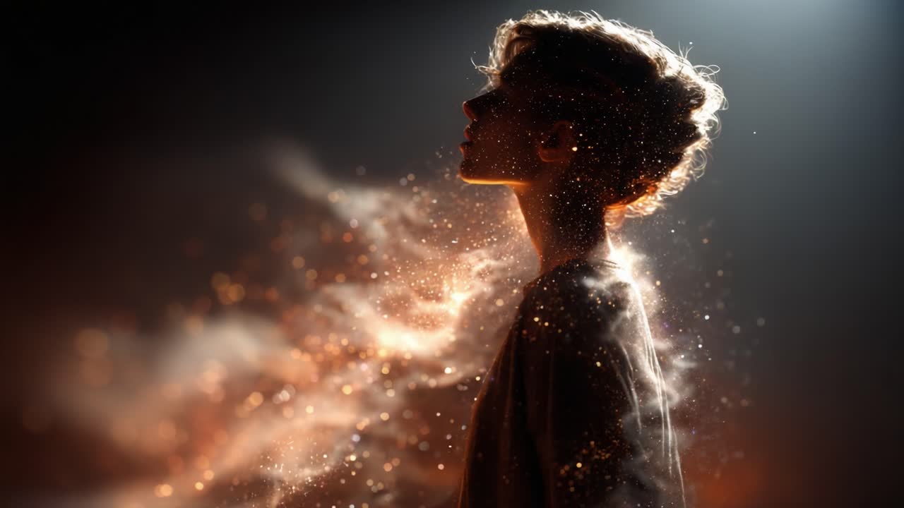 A Dreamlike Transformation: An Ethereal Portrait of a Figure Shrouded in Enigmatic Light and Cosmic Particles, Capturing the Essence of Inner Journey and Self-Discovery