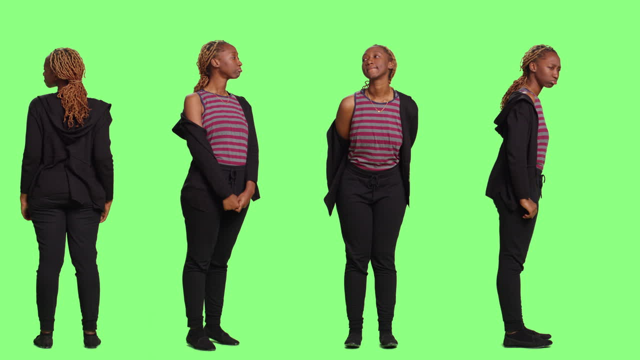 Woman posing in various positions against a green screen