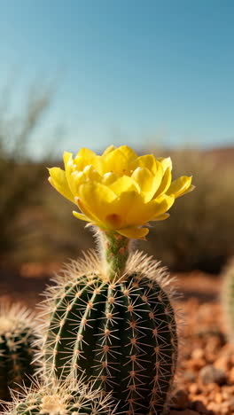 vibrant yellow flower blooming on a cactus in the desert